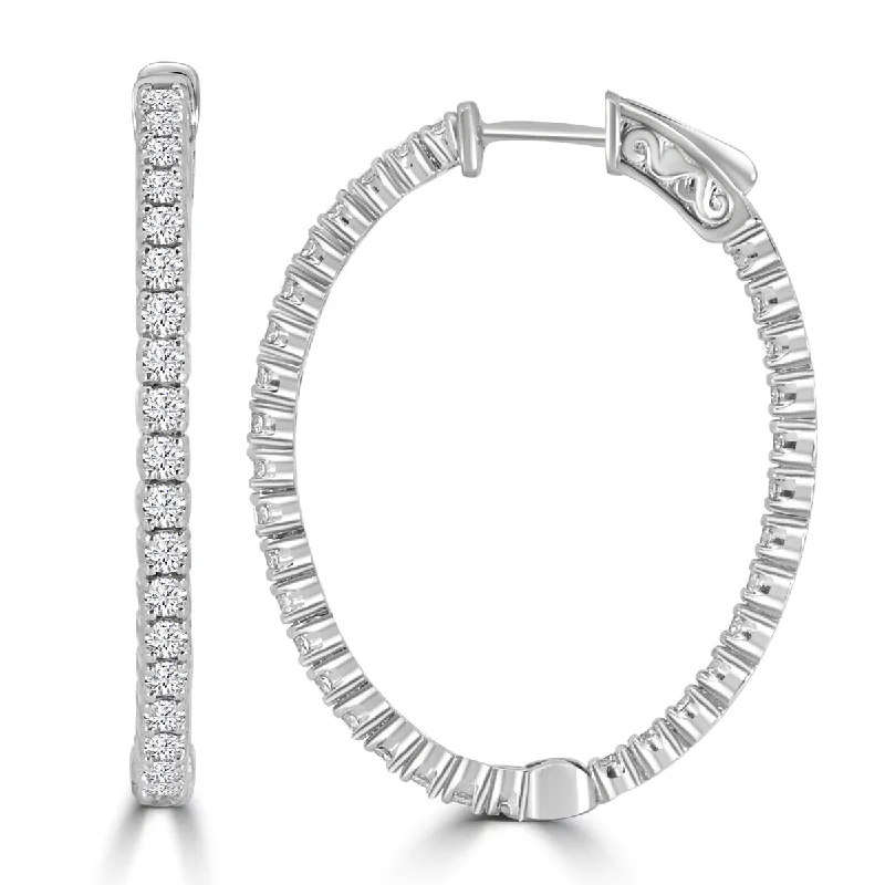 14K White Gold Oval Shaped Inside out 2ctw Diamond Hoop Earrings