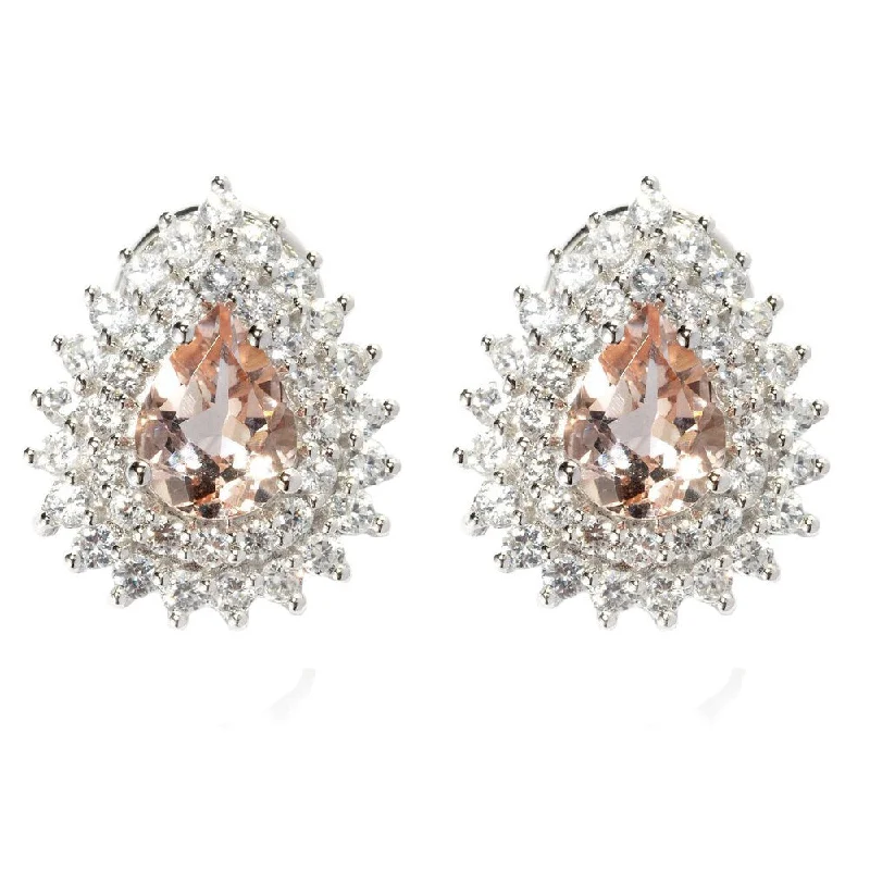 14k White Gold Pear-cut Morganite and White Zircon Omega Earrings