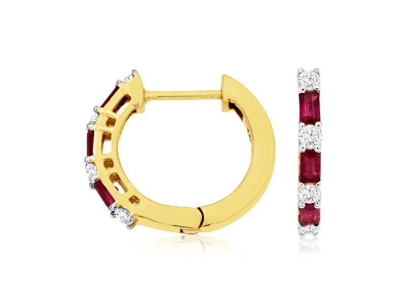 14K White Gold Ruby and Diamond Hoop Earrings