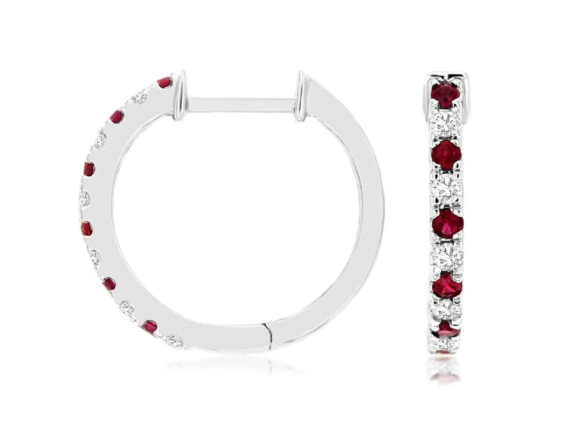 14K White Gold Ruby and Diamond Hoop Earrings