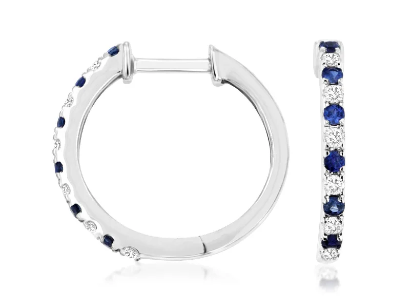 14K White Gold Sapphire and Diamond Hoop Earrings