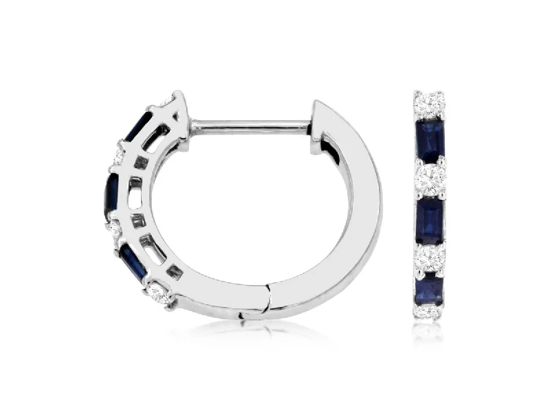 14K White Gold Sapphire and Diamond Hoop Earrings