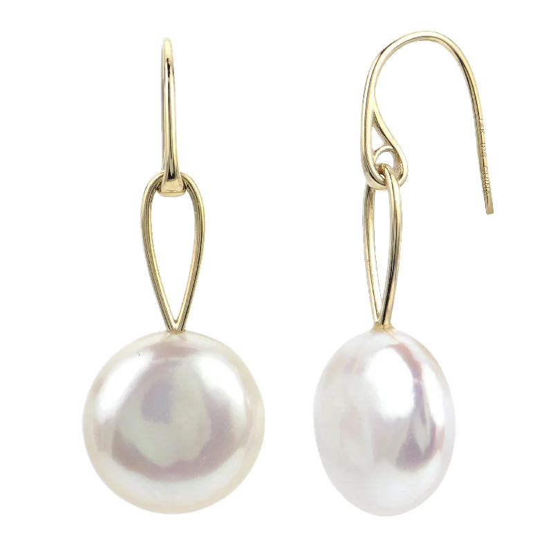 14K Yellow Gold 11-12mm Freshwater Coin Pearl Drop Loop Earrings