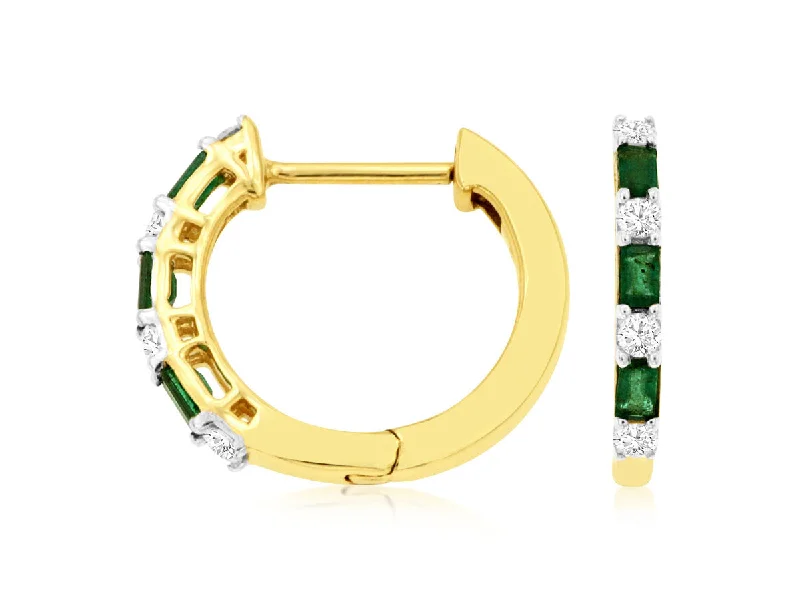 14K Yellow Gold Emerald and Diamond Hoop Earrings