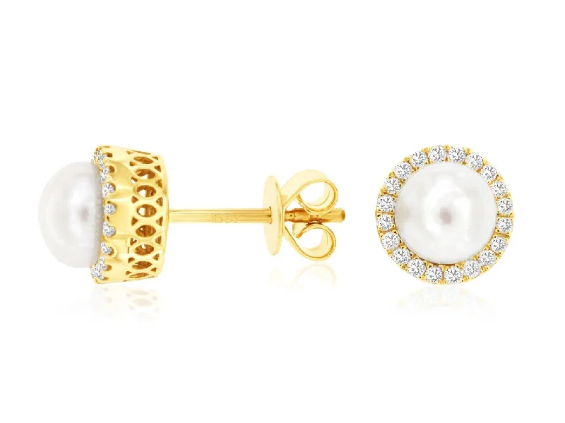 14K Yellow Gold Pearl and Diamond Stud Earring