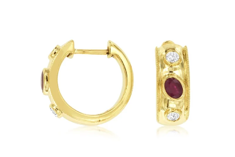 14K Yellow Gold Ruby and Diamond Huggie Earrings