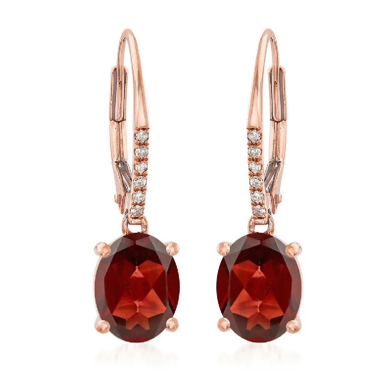 14Kt Rose Gold Red Garnet, Diamond Dangle Earrings