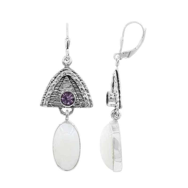 925 Sterling Silver African Amethyst And White Opal Earrings