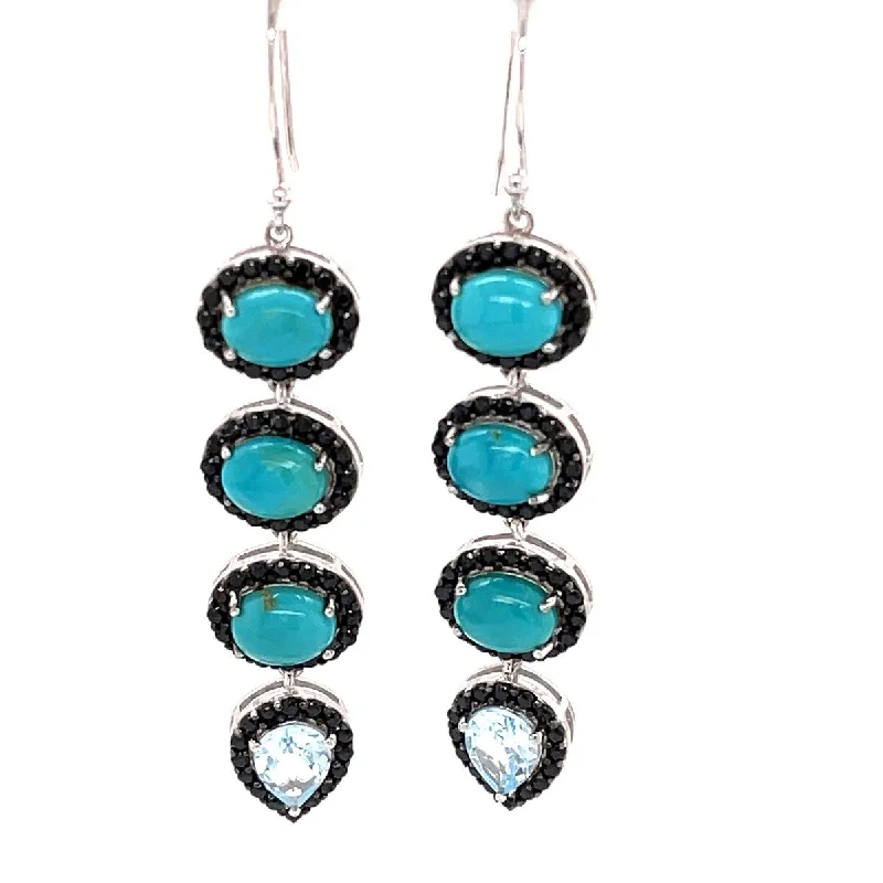 925 Sterling Silver Kingman Turquoise, Sky Blue Topaz, Black Spinel Dangle Earrings