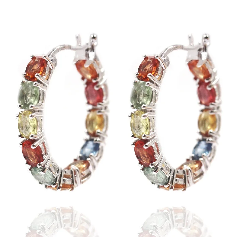 925 Sterling Silver Multi Sapphire Hoops Earrings