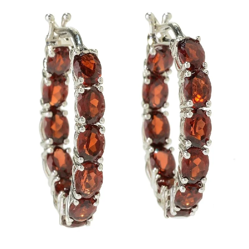 925 Sterling Silver Red Garnet Hoop Earrings