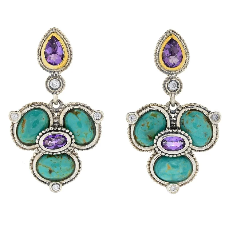 925 Sterling Silver White Natural Zircon and Tyrone Turquoise Earrings