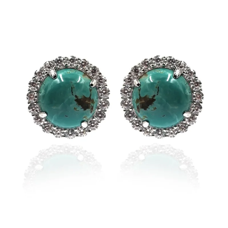 925 Sterling Silver White Natural Zircon and Tyrone Turquoise Stud Earrings