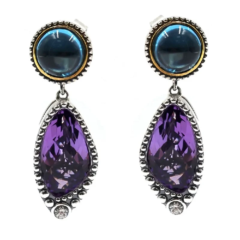 925 Sterling Silver White Natural Zircon,Pink Amethyst,Swiss Blue Topaz Earrings