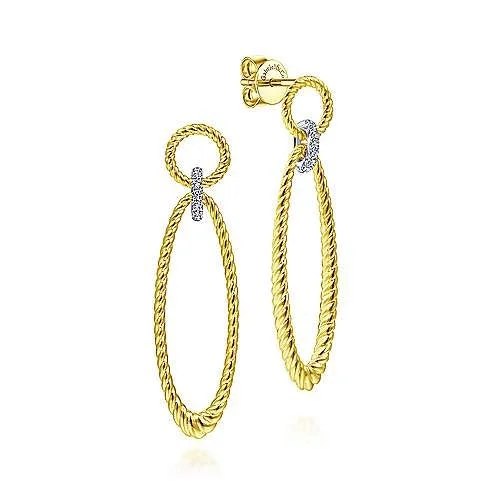 14K Yellow-White Gold Twisted Rope Open Shape Earrings with Diamond Connector