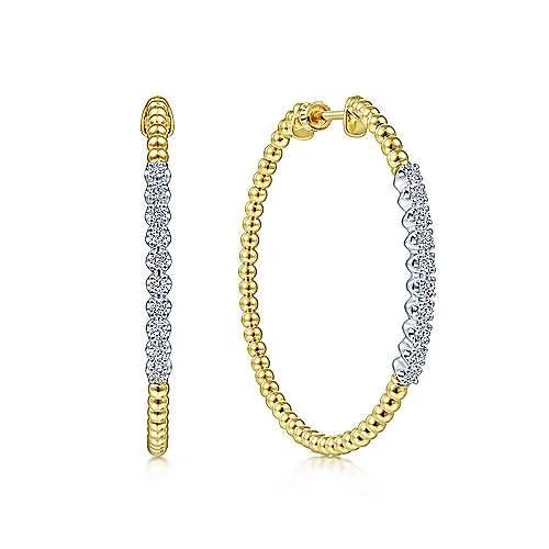 14K Yellow Gold Beaded 40mm Classic Diamond Hoop Earrings