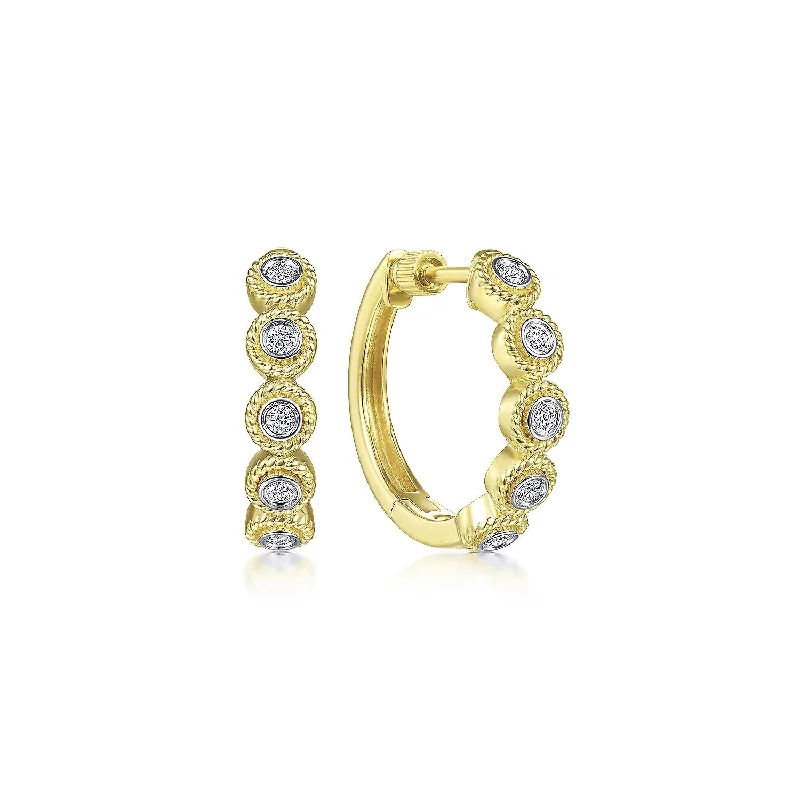 14K Yellow Gold 20mm Round Diamond Station Classic Hoop Earrings