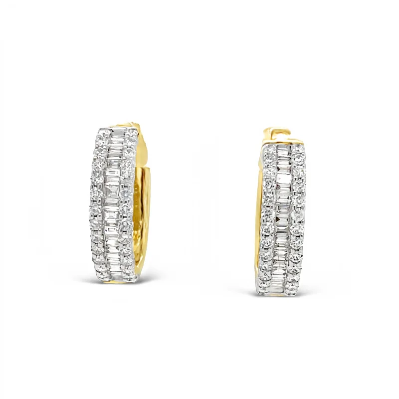 14K Yellow Gold Baguette and Pave Diamond Hoop Earrings