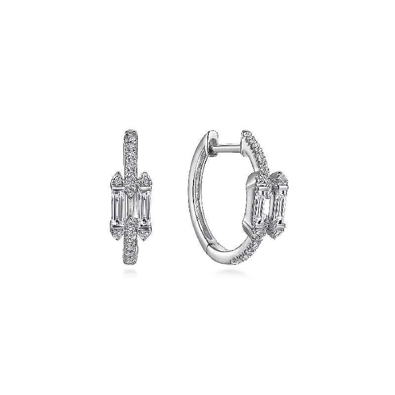 14K White Gold Prong Set and French Pave 15mm Round Classic Diamond Hoop Earrings