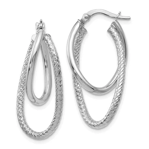 14K White Gold Polished and Textured Hinged Hoop Earrings