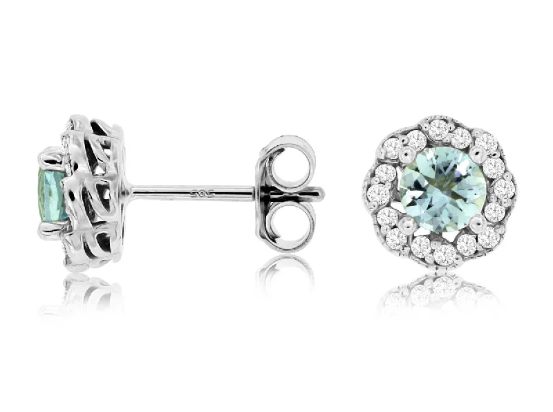 14K White Gold Aquamarine and Diamond Studs