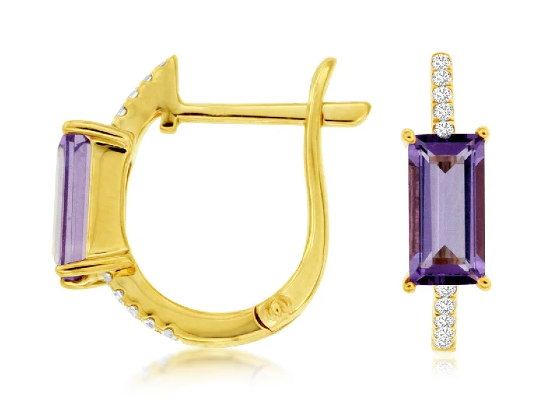 14K Yellow Gold Amethyst and Diamond Hoops