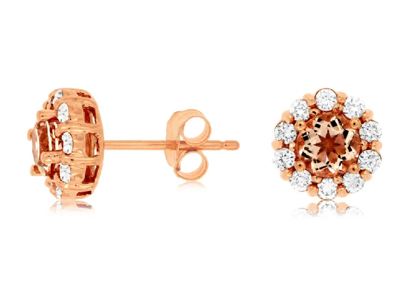 14KT PG .40CTW(R)MORGANITE/PAVE DIAMOND STUDS(R.70CTW MORG)