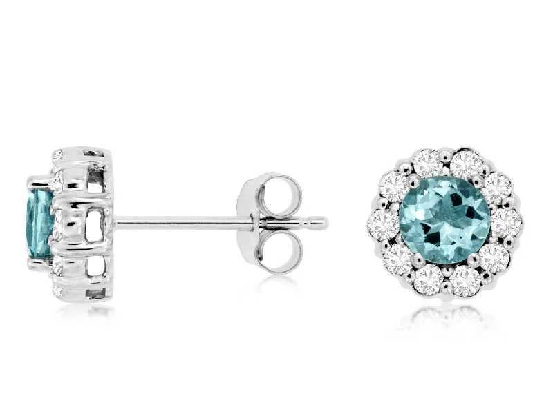 14K White Gold Round Aquamarine and Diamond Halo Stud Earring