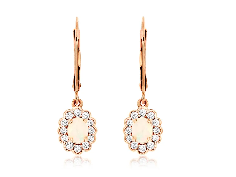 14K Rose Gold Opal and Diamond Dangle Earrings