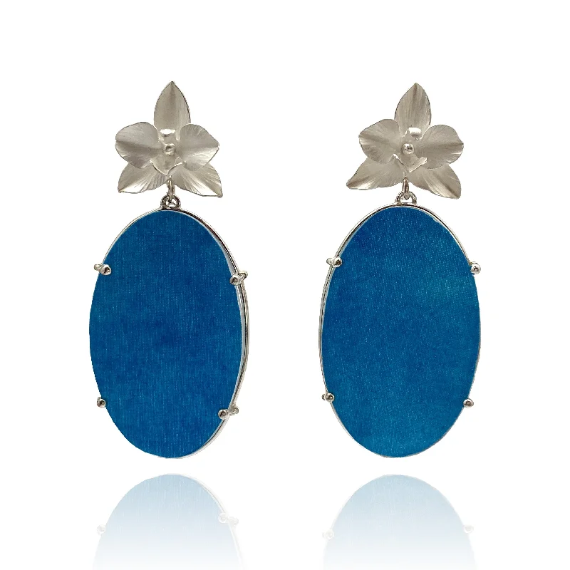 Orchid Earrings with Blue Oval Drops