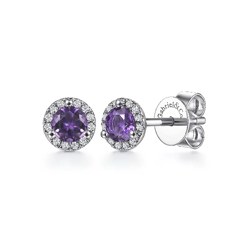 14K White Gold Round Amethyst and Diamond Halo Stud Earring