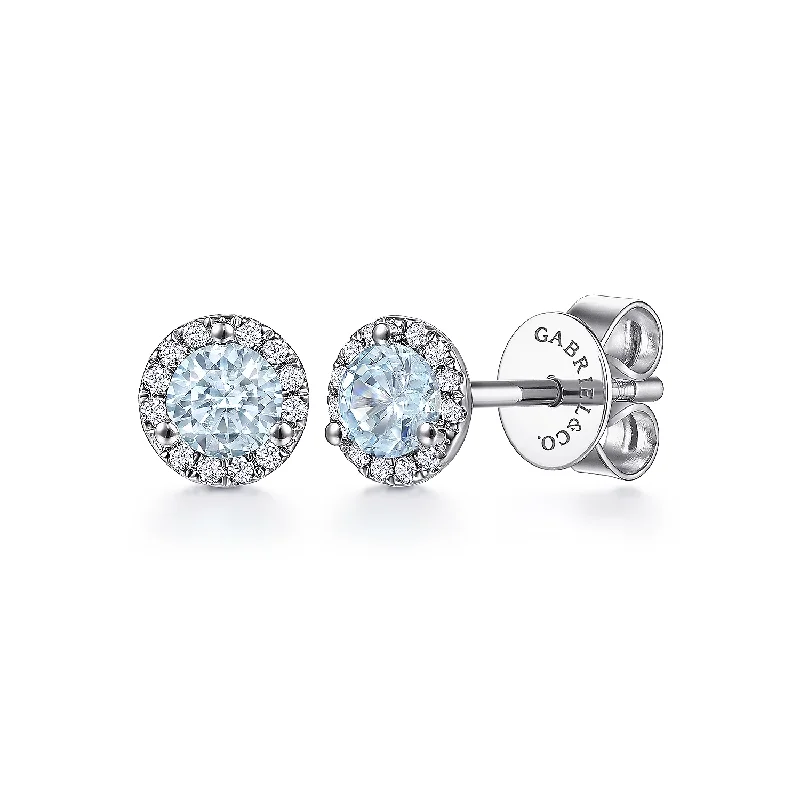 14K White Gold Round Aquamarine and Diamond Halo Stud Earring