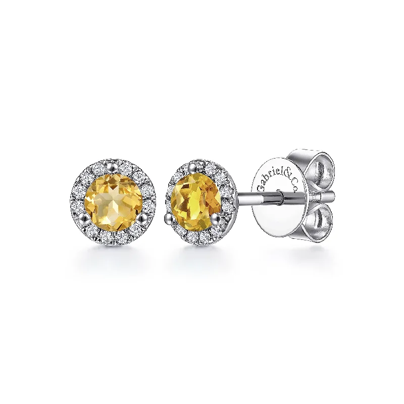 14K White Gold Round Citrine and Diamond Halo Stud Earring