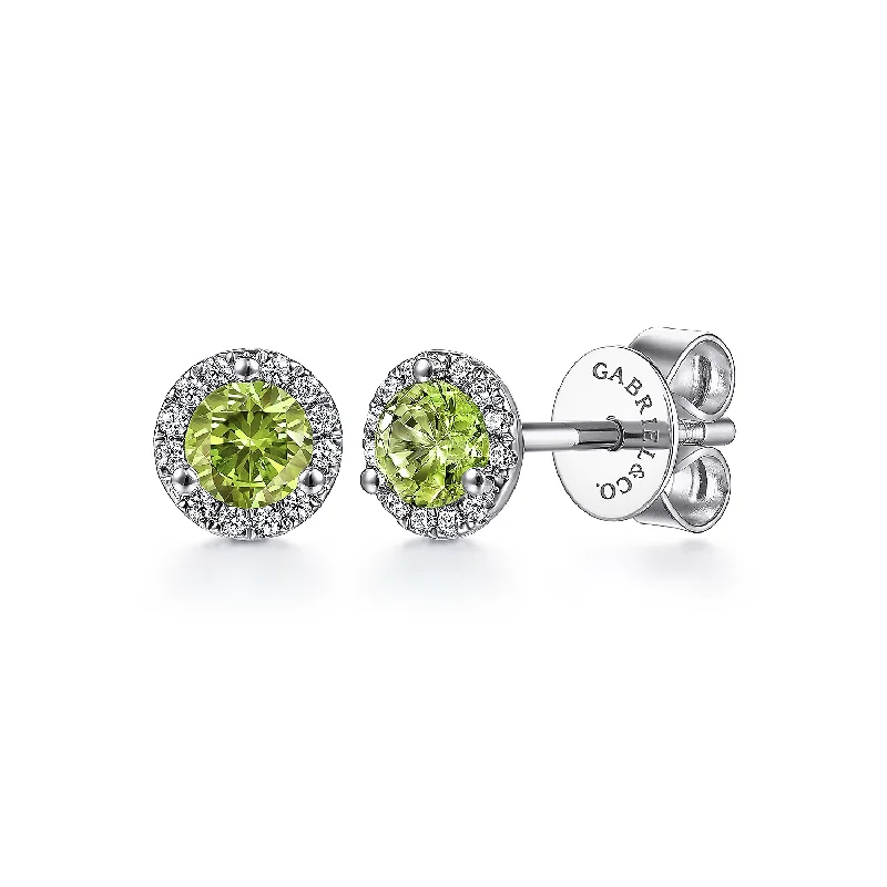 14K White Gold Round Peridot and Diamond Halo Stud Earring