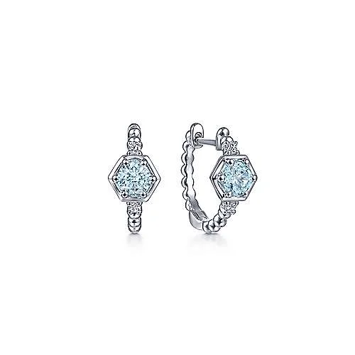 14K White Gold Hexagonal Aquamarine and Diamond Huggies Earrings