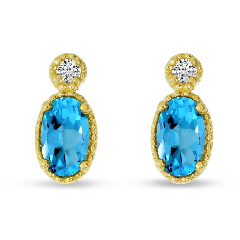 14K Yellow Gold Blue Topaz and Diamond Earrings