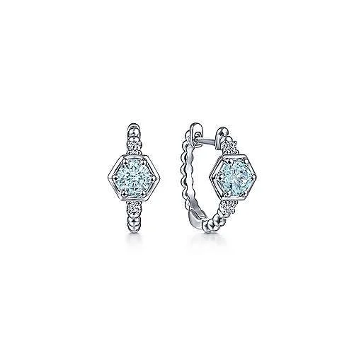 14K White Gold Hexagonal Aquamarine and Diamond Hoop Earrings