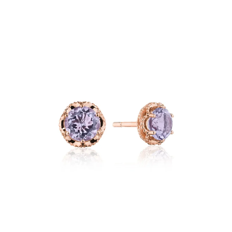 Petite Crescent Crown Studs featuring Rose Amethyst and Rose Gold