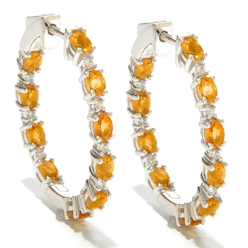 Sterling Silver 1.25-inch Citrine and White Zircon Hoop Earrings