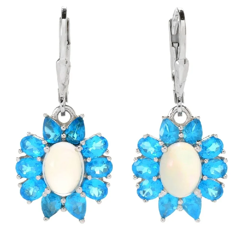 Sterling Silver 1.25" Neon Apatite & Ethiopian Opal Flower Earrings