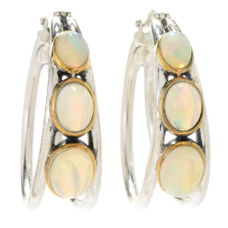 Sterling Silver 1.25" Opal Graduated 3-Stone Hoop Earrings