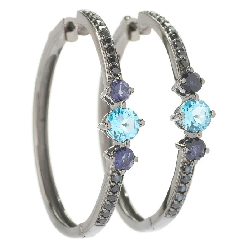 Sterling Silver 1.5' Round Blue Topaz, Iolite & Black Spinel Hoop Earrings