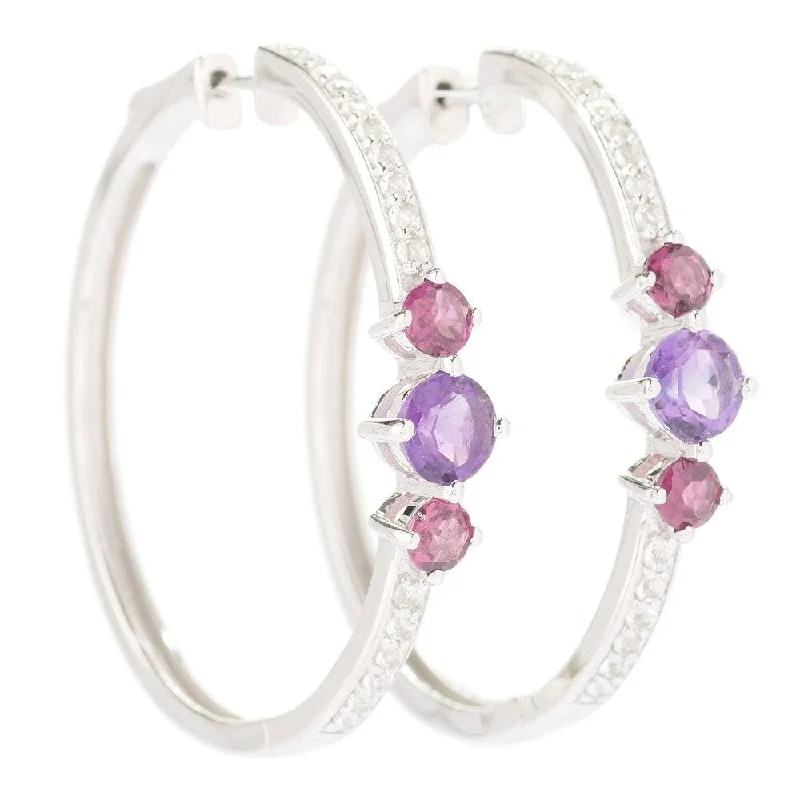 Sterling Silver 1.5" Round White Toapz & Black Spinel Hoop Earrings - Purple