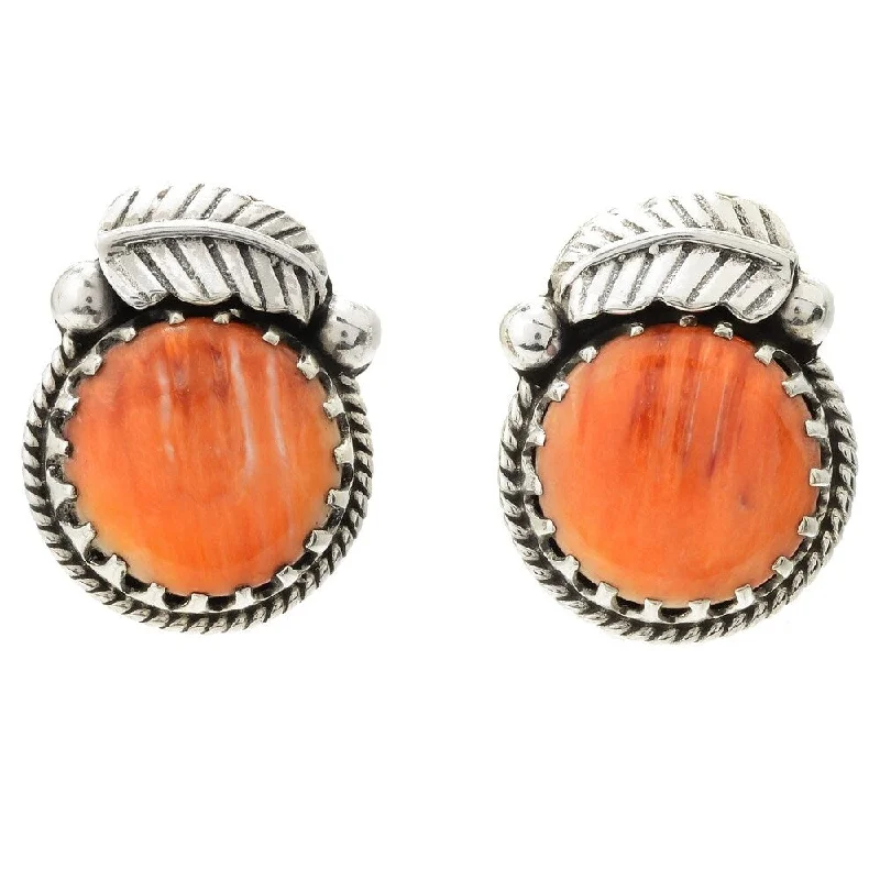 Sterling Silver 15mm Round Orange Spiny Oyster Leaf Stud Earrings