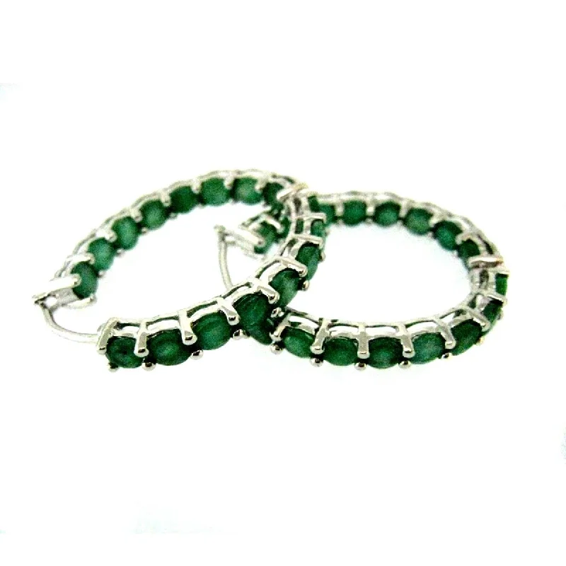 Sterling Silver 8.5Ctw Emerald Hoop Earrings 1.2"L