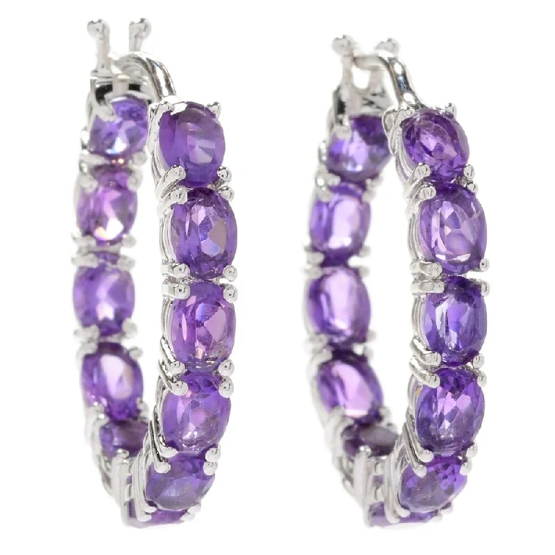 Sterling Silver Amethyst Oval Cut Inside Out Small Hoop Earrings - Purple