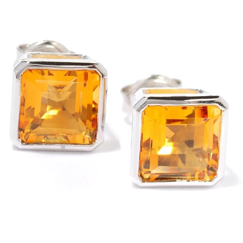 Sterling Silver Bezel-set 7mm Princess-cut Citrine Stud Earrings