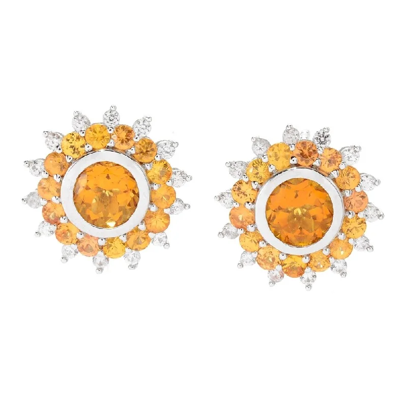 Sterling Silver Citrine, Orange Sapphire and White Zircon Double Halo Flower Stud Earrings