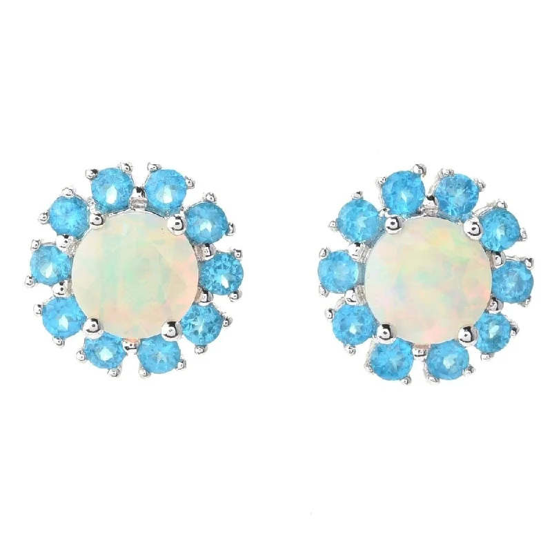 Sterling Silver Ethiopian Opal & Neon Apatite Halo Stud Earrings