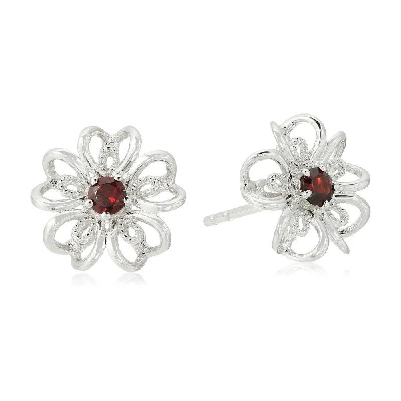 Sterling Silver Garnet flower Stud Earrings